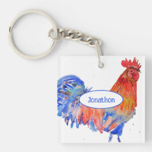 Llavero Gallo Rojo Pollo Pintura Acuarela Azul