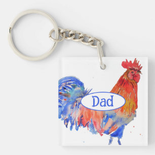 Llavero Gallo Rojo Pollo Pintura Acuarela Azul Papá