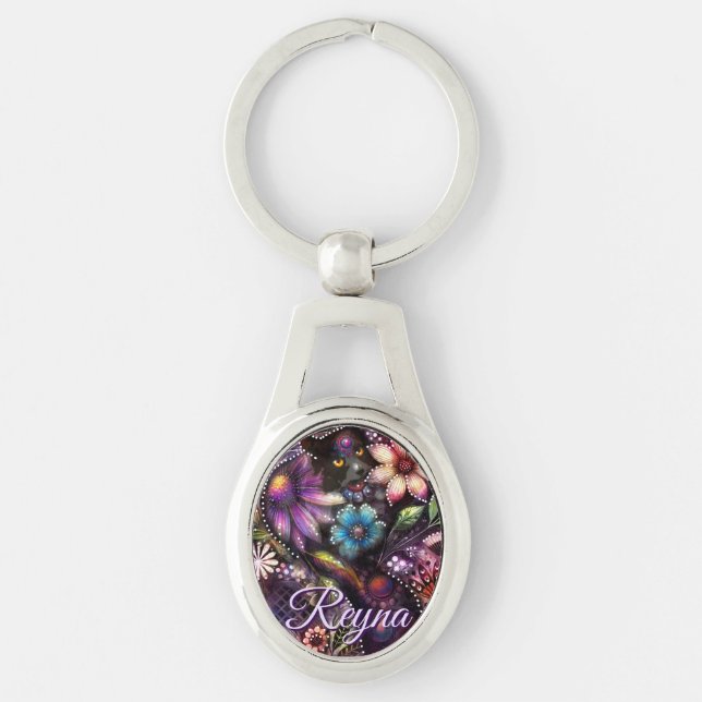 Llavero Garden Kitty Cat Floral Abstract Personalized (Anverso)