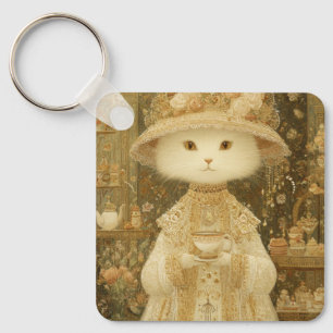 Llavero Gata Lady Snow – Gato Victoriano con Taza de Té