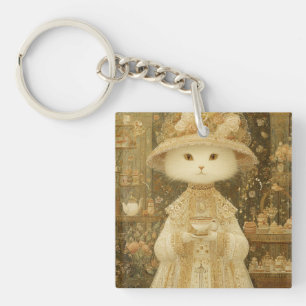 Llavero Gata Lady Snow – Gato Victoriano con Taza de Té