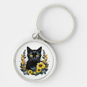 Llavero gata negra con flores