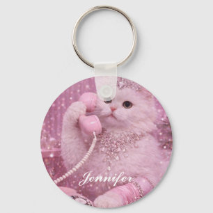 Llavero Gatita Princesa Glamurosa Usando Teléfono Rosa
