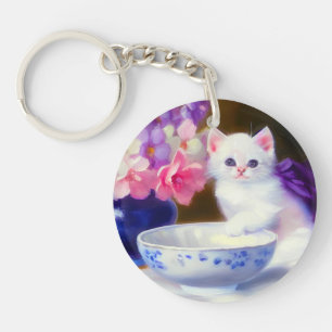 Llavero Gatito blanco vintage con cinta morada