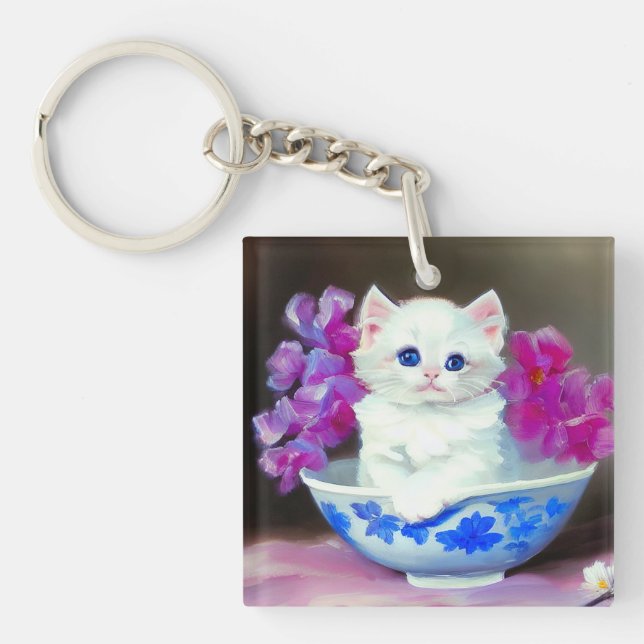 Llavero Gatito blanco vintage con flores rosas (Frente)