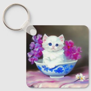 Llavero Gatito blanco vintage con flores rosas