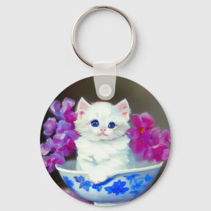 Llavero Gatito blanco vintage con flores rosas