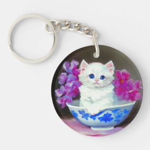 Llavero Gatito blanco vintage con flores rosas