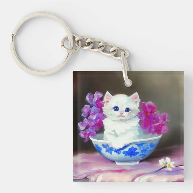 Llavero Gatito blanco vintage con flores rosas (Frente)