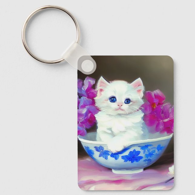 Llavero Gatito blanco vintage con flores rosas (Anverso)