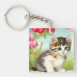 Llavero Gatito blanco y marrón vintage con flores