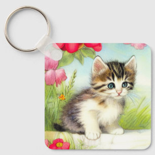 Llavero Gatito blanco y marrón vintage con flores