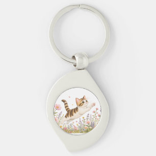 Llavero Gatito Bordado Persiguiendo Mariposa en Flor Silve