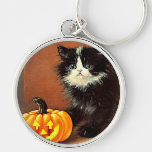 Llavero Gatito de Halloween blanco y negro vintage