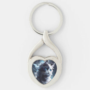 Llavero Gatito Místico de Blanco y Negro   Gato Acuarela