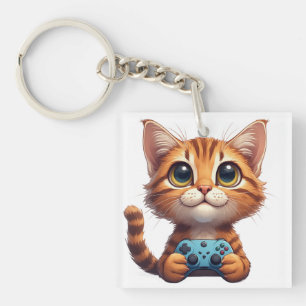 Llavero Gatito Naranja Sosteniendo Controlador de Juego Ga