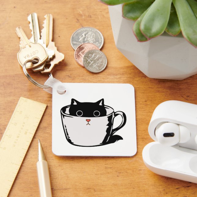 Llavero Gatito negro con nariz roja escondido en una taza (Escritorio )