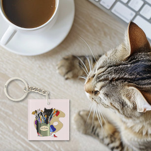 Llavero Gatito negro Tarro de pinceles Artista Gato Rosa