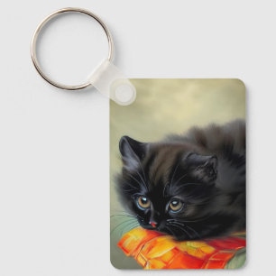 Llavero Gatito negro vintage con manta de flores rojas