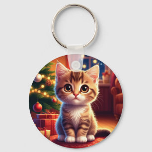 Llavero Gatito sentado junto al árbol de Navidad brillante