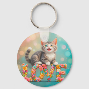 Llavero Gatito sentado sobre letras de AMOR floreadas colo