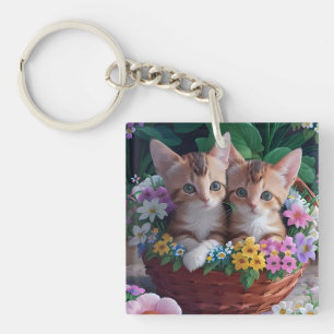 Llavero Gatitos adorables y esponjosos en una cesta de flo