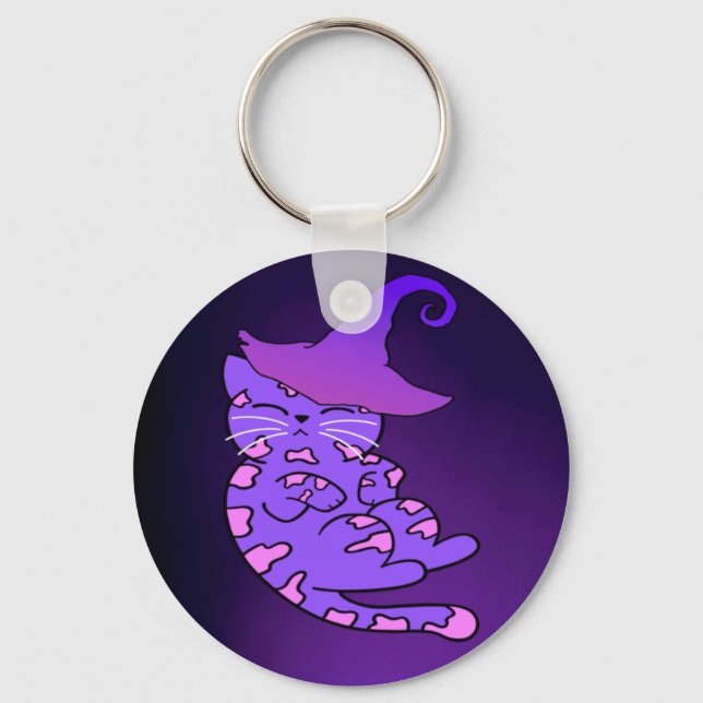 Llavero Gatitos morados con Gorras de brujas y estrellas (Anverso)