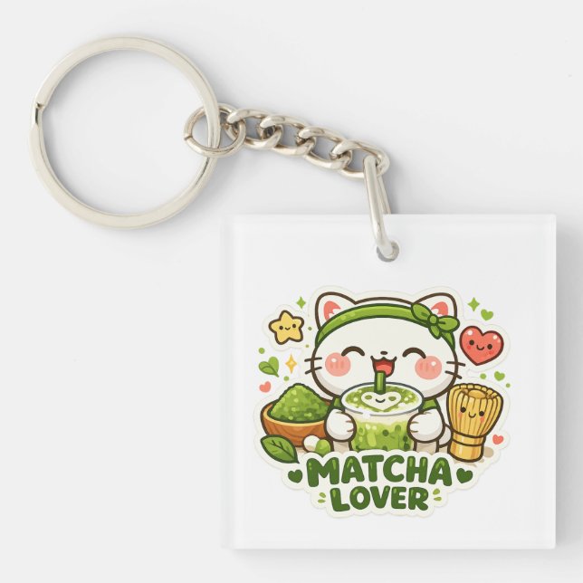 Llavero Gato Adorable Amante del Matcha (Frente)