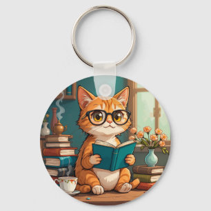 Llavero Gato Adorable con gafas leyendo un libro