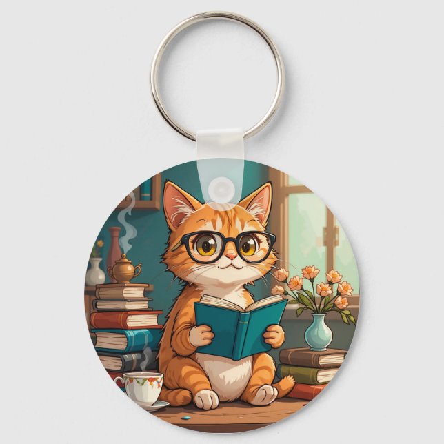 Llavero Gato Adorable con gafas leyendo un libro (Anverso)