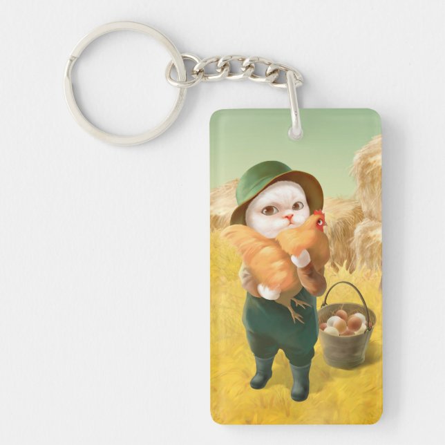 Llavero Gato Adorable con Hen en la Granja (Frente)