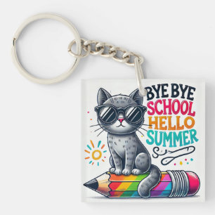 Llavero Gato Adorable en Ilustración de Lápiz Celebrando e