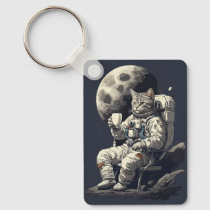 Llavero Gato Astronauta Tomando una Taza de Café