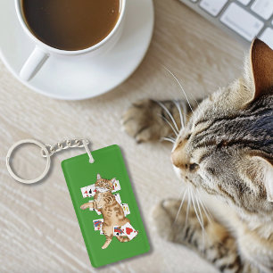 Llavero Gato atigrado naranja divertido jugando cartas de 