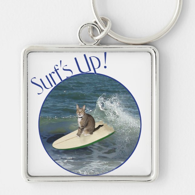 Llavero ¡Gato atigrado surfeando! (Frente)