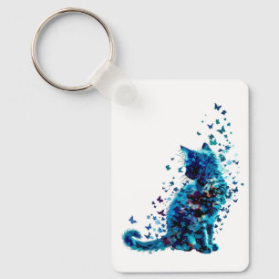 Llavero Gato azul de ensueño - mariposa y arte floral