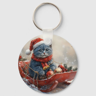 Llavero Gato Azul Oriental en Trineo Deja que Nieve Navida