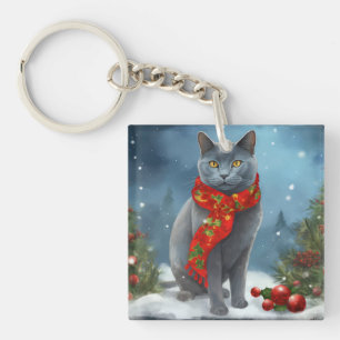 Llavero Gato Azul Ruso en Navidad Nieve