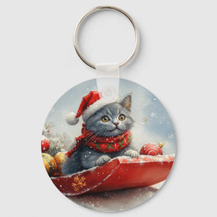 Llavero Gato Azul Ruso en Trineo Deja que Nieve Navidad