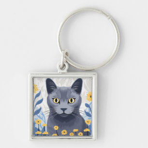 Llavero Gato Azul Ruso Flores Amarillas
