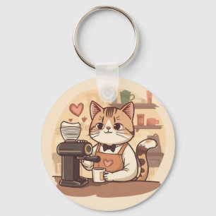 Llavero Gato barista de dibujos animados acogedor lindo y 