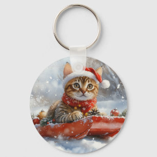 Llavero Gato Bengal en Trineo Deja que Nieve Navidad