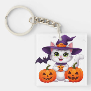 Llavero Gato Blanco Adorable Calabaza Bruja Sombrero Hallo