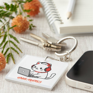 Llavero Gato Blanco Adorable con Auriculares Rojos y Portá