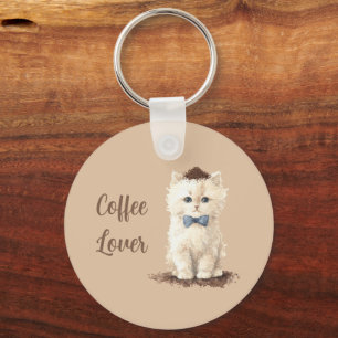 Llavero Gato Blanco Amante del Café Crema Lazo Azul Frijol