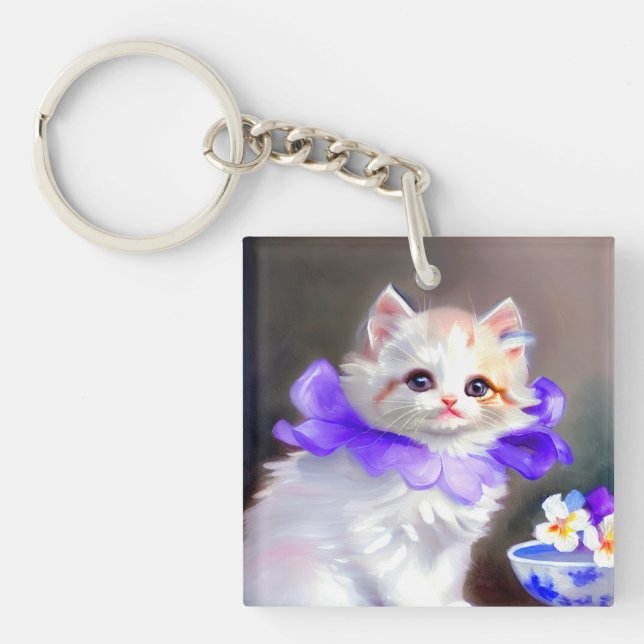 Llavero Gato blanco con pintura de cuello de flores morada (Frente)