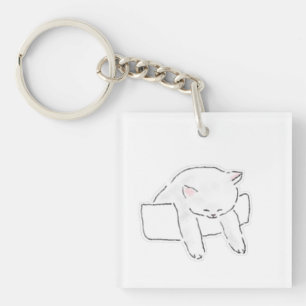 Llavero Gato Blanco Dormido Lindo en Arte Dibujado a Mano