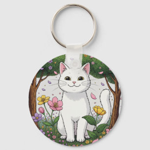 Llavero Gato Blanco en un Jardín Colorido