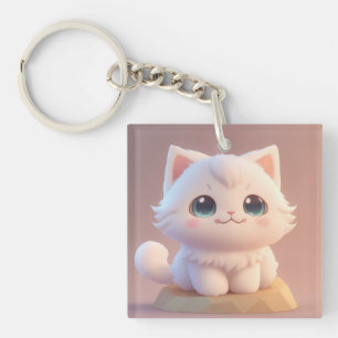 Llavero Gato Blanco Esponjoso con Ojos Grandes y Lindos