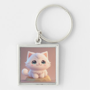 Llavero Gato Blanco Esponjoso con Ojos Grandes y Lindos